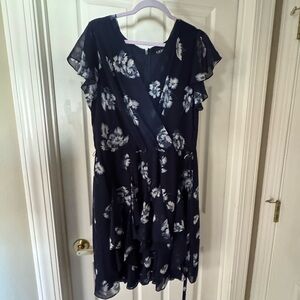 NWT Ralph Lauren Navy Dress with White Floral Motif with Matching Belt